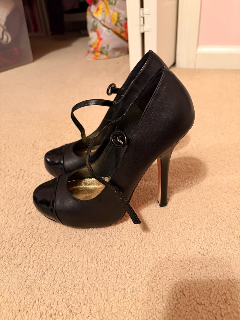 bebe Black Mary Jane High Heel Pumps with Gloss Cap Toe
